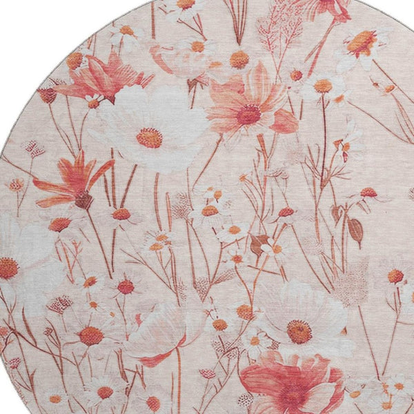 HomeRoots 8' X 8' Salmon Ivory Floral Washable Round Rug - Durable, Stain Resistant with UV Protection & Style 694083