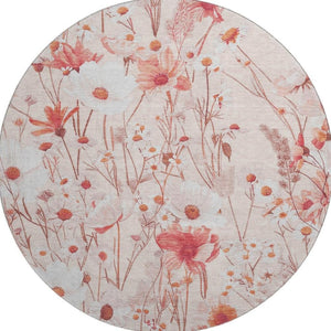 HomeRoots 8' X 8' Salmon Ivory Floral Washable Round Rug - Durable, Stain Resistant with UV Protection & Style 694083