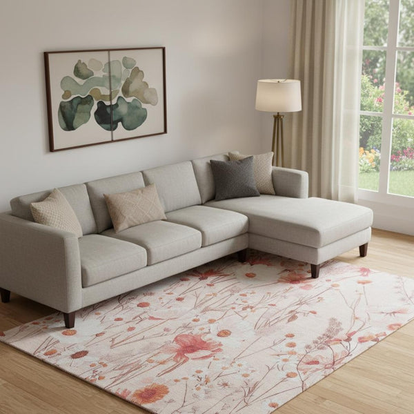 HomeRoots 10' X 14' Salmon & Ivory Floral Area Rug - Washable, UV Protected, Stain-Resistant & Stylish Decor 694086