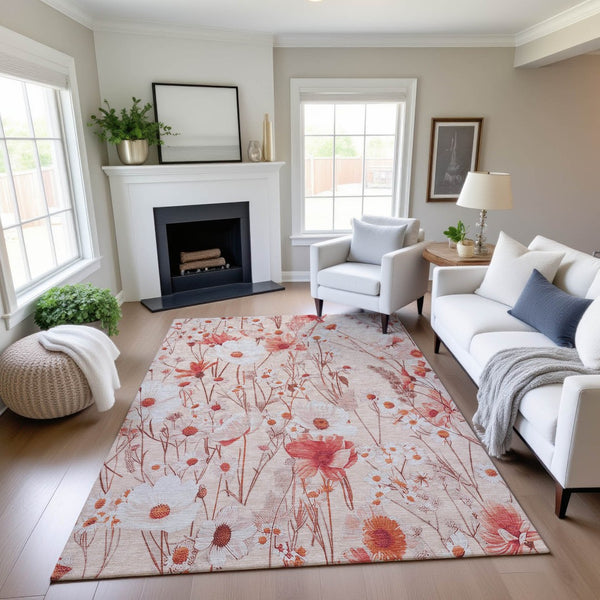 HomeRoots 10' X 14' Salmon & Ivory Floral Area Rug - Washable, UV Protected, Stain-Resistant & Stylish Decor 694086