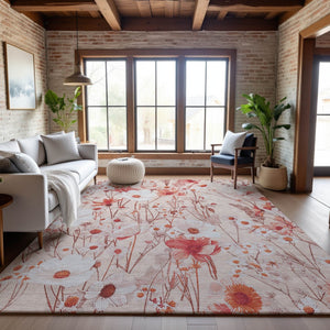 HomeRoots 10' X 14' Salmon & Ivory Floral Area Rug - Washable, UV Protected, Stain-Resistant & Stylish Decor 694086