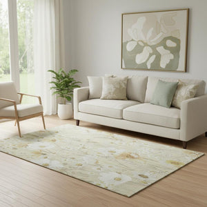 HomeRoots 5' X 8' Washable Floral Area Rug in Wheat and Ivory with UV Protection for Durable, Stylish Living Spaces 694088