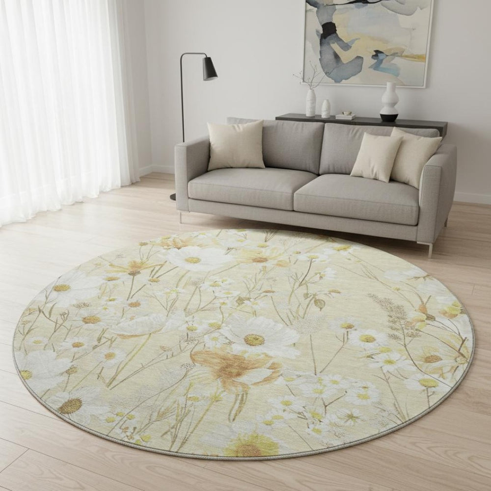 HomeRoots 8' X 8' Elegant Wheat and Ivory Floral Washable Round Rug - UV Protected, Pet-Friendly Design 694089