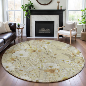 HomeRoots 8' X 8' Elegant Wheat and Ivory Floral Washable Round Rug - UV Protected, Pet-Friendly Design 694089