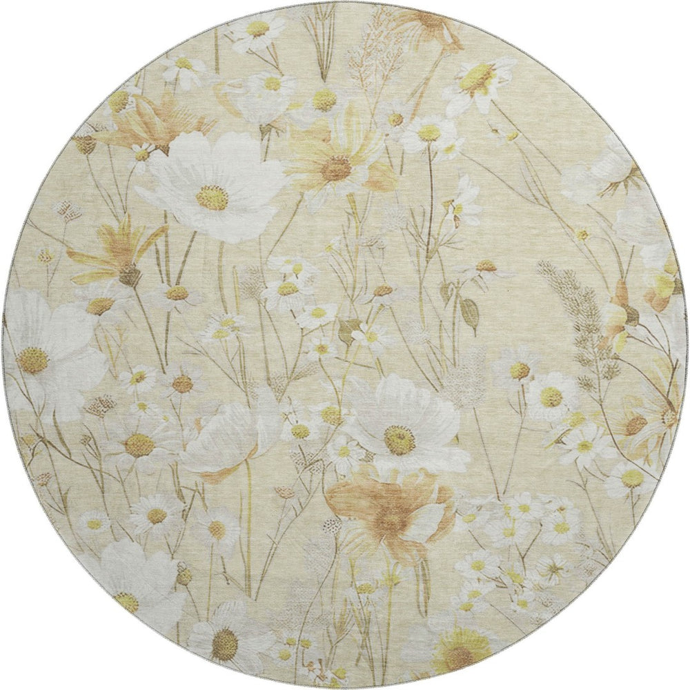 HomeRoots 8' X 8' Elegant Wheat and Ivory Floral Washable Round Rug - UV Protected, Pet-Friendly Design 694089