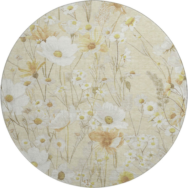 HomeRoots 8' X 8' Elegant Wheat and Ivory Floral Washable Round Rug - UV Protected, Pet-Friendly Design 694089