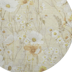 HomeRoots 8' X 8' Elegant Wheat and Ivory Floral Washable Round Rug - UV Protected, Pet-Friendly Design 694089