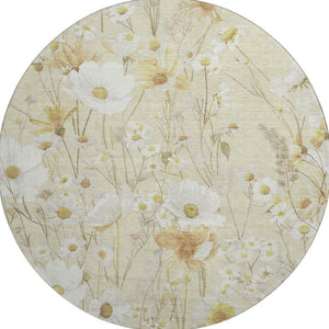 HomeRoots 8' X 8' Elegant Wheat and Ivory Floral Washable Round Rug - UV Protected, Pet-Friendly Design 694089
