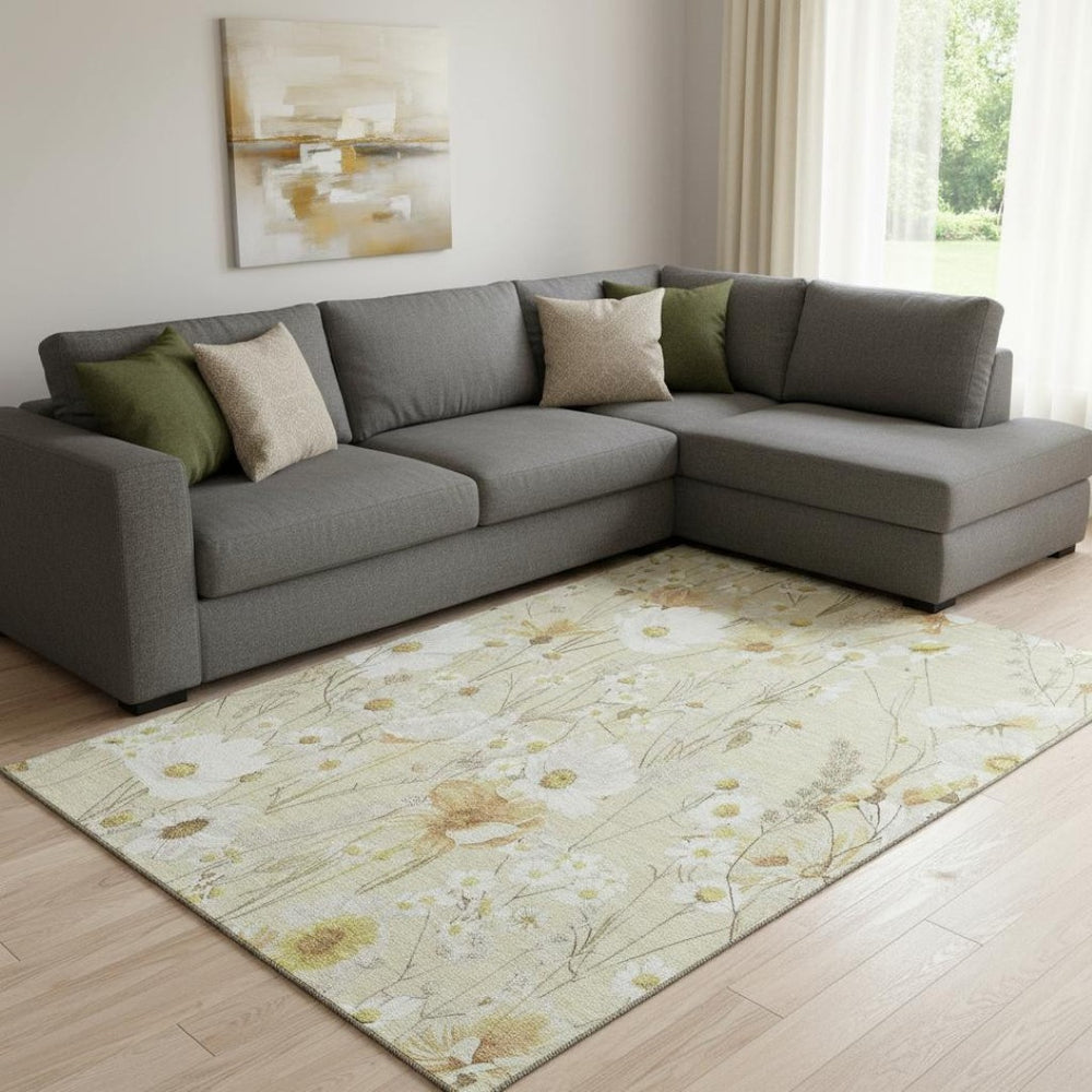HomeRoots 8' Wheat And Ivory Floral Area Rug - Washable, UV-Protected, Durable Design for Home Elegance 694090