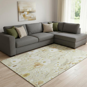 HomeRoots 8' Wheat And Ivory Floral Area Rug - Washable, UV-Protected, Durable Design for Home Elegance 694090