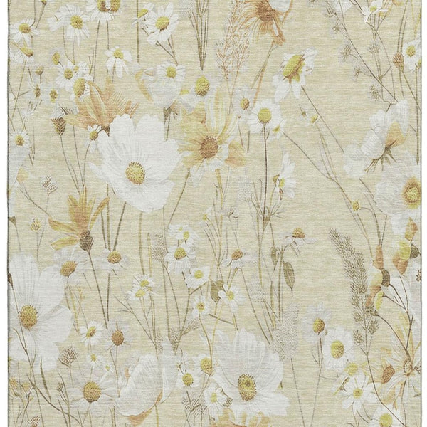 HomeRoots 8' Wheat And Ivory Floral Area Rug - Washable, UV-Protected, Durable Design for Home Elegance 694090