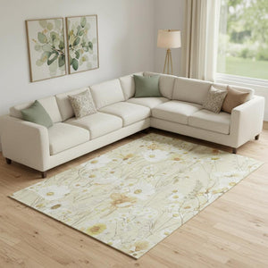 HomeRoots 9' X 12' Wheat & Ivory Floral Area Rug - Washable, Stain Resistant, UV Protected for Busy Homes 694091
