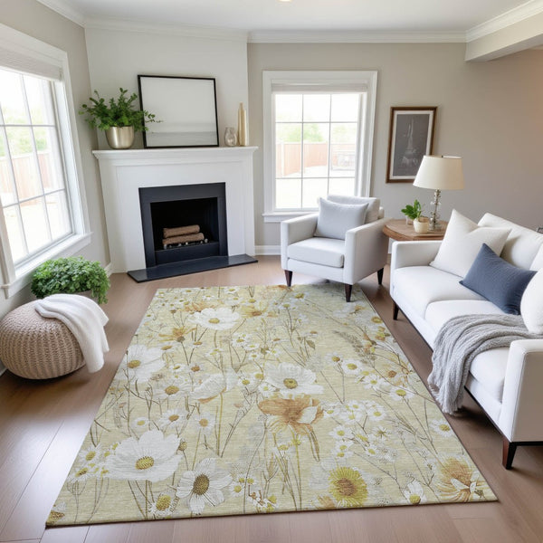 HomeRoots 9' X 12' Wheat & Ivory Floral Area Rug - Washable, Stain Resistant, UV Protected for Busy Homes 694091