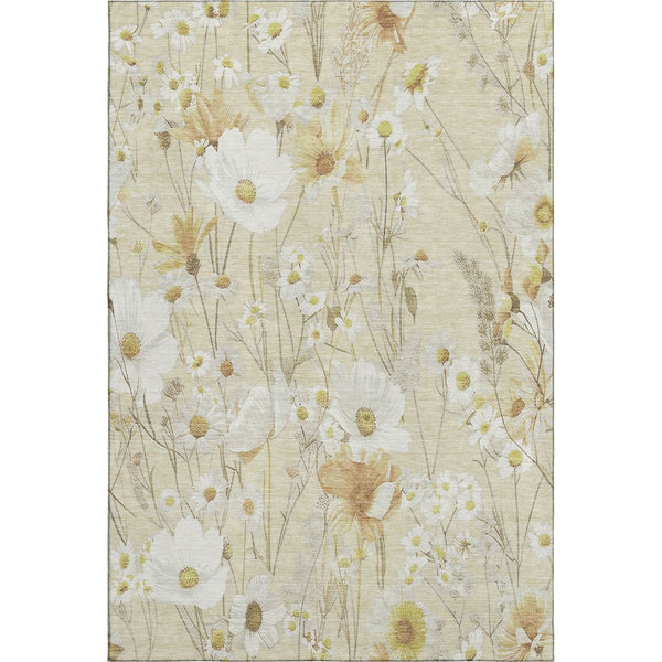 HomeRoots 9' X 12' Wheat & Ivory Floral Area Rug - Washable, Stain Resistant, UV Protected for Busy Homes 694091