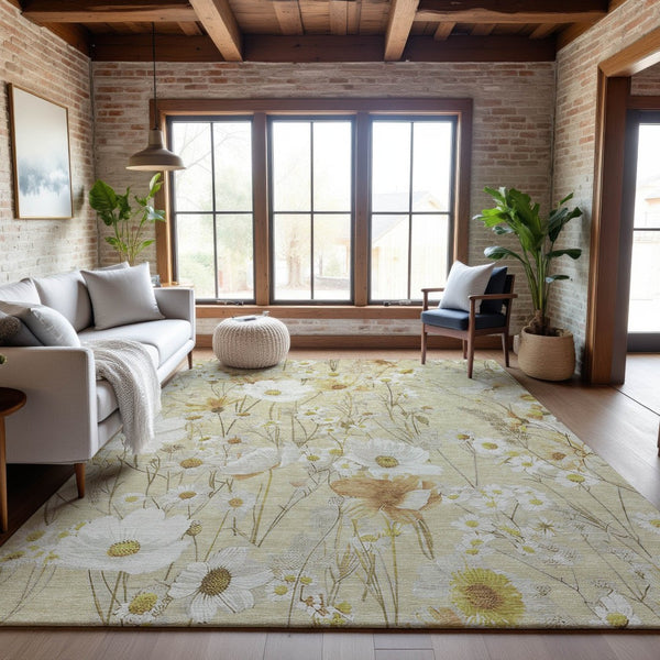 HomeRoots 9' X 12' Wheat & Ivory Floral Area Rug - Washable, Stain Resistant, UV Protected for Busy Homes 694091