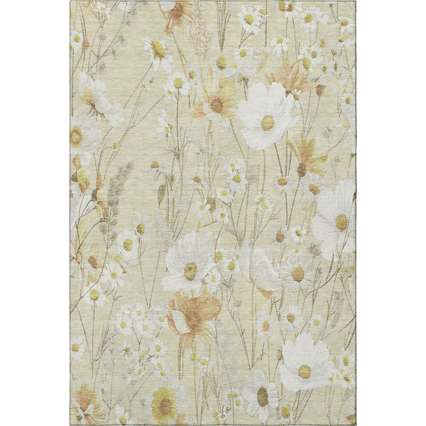 HomeRoots 9' X 12' Wheat & Ivory Floral Area Rug - Washable, Stain Resistant, UV Protected for Busy Homes 694091