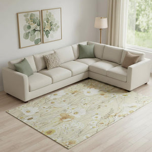 HomeRoots 10' X 14' Wheat & Ivory Floral Area Rug - Washable, UV-Protected, Perfect for Homes with Kids & Pets 694092