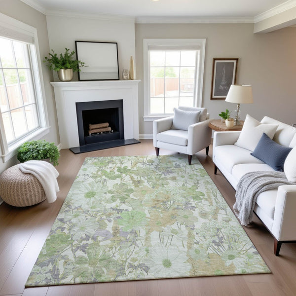 HomeRoots 5' X 8' Artichoke Green Floral Area Rug - Washable, UV-Protected, Stain-Resistant Beauty for Homes 694094