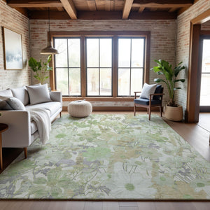 HomeRoots 5' X 8' Artichoke Green Floral Area Rug - Washable, UV-Protected, Stain-Resistant Beauty for Homes 694094