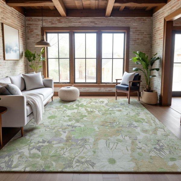HomeRoots 5' X 8' Artichoke Green Floral Area Rug - Washable, UV-Protected, Stain-Resistant Beauty for Homes 694094