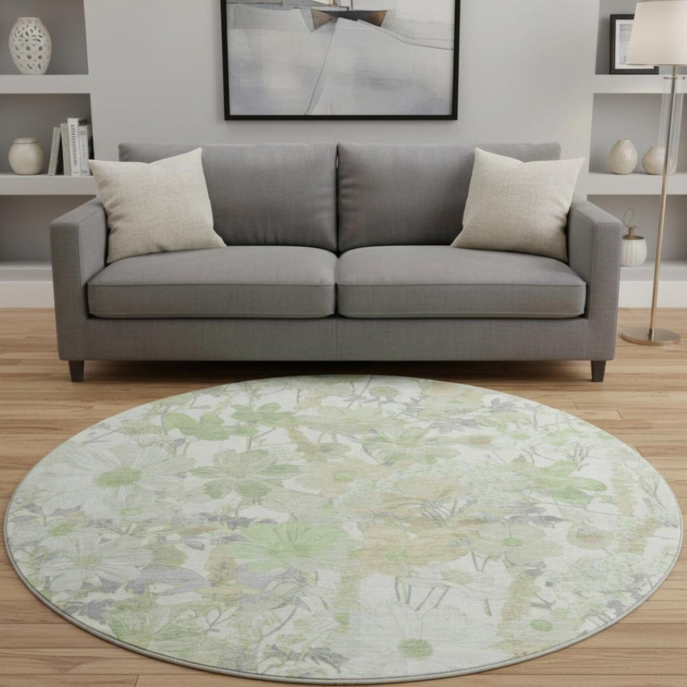 HomeRoots 8' X 8' Washable Floral Round Rug in Artichoke Green, Ivory & Lavender - Durable, UV Protected Design 694095