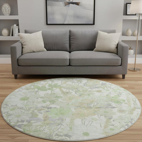 HomeRoots 8' X 8' Washable Floral Round Rug in Artichoke Green, Ivory & Lavender - Durable, UV Protected Design 694095
