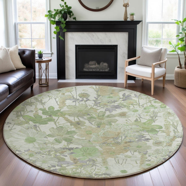 HomeRoots 8' X 8' Washable Floral Round Rug in Artichoke Green, Ivory & Lavender - Durable, UV Protected Design 694095
