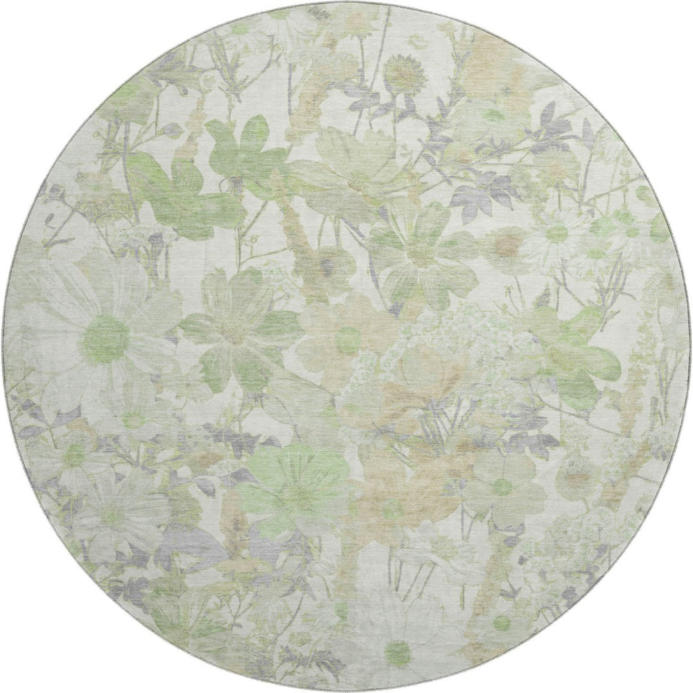 HomeRoots 8' X 8' Washable Floral Round Rug in Artichoke Green, Ivory & Lavender - Durable, UV Protected Design 694095