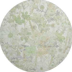 HomeRoots 8' X 8' Washable Floral Round Rug in Artichoke Green, Ivory & Lavender - Durable, UV Protected Design 694095