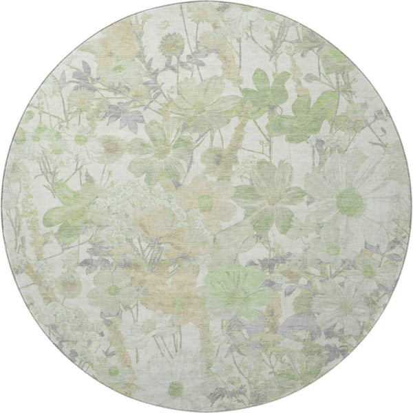 HomeRoots 8' X 8' Washable Floral Round Rug in Artichoke Green, Ivory & Lavender - Durable, UV Protected Design 694095