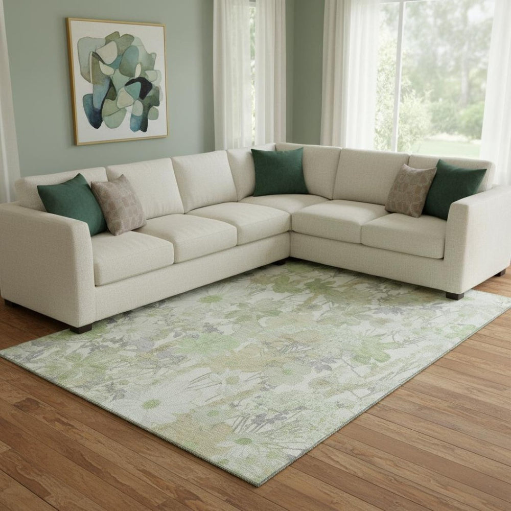 HomeRoots 8' Elegant Floral Washable Area Rug in Artichoke Green, Ivory & Lavender with UV Protection & Durability 694096