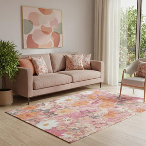 HomeRoots 5' X 8' Blush Orange and Ivory Floral Area Rug - Stain Resistant, UV Protected, Ideal for Homes 694100