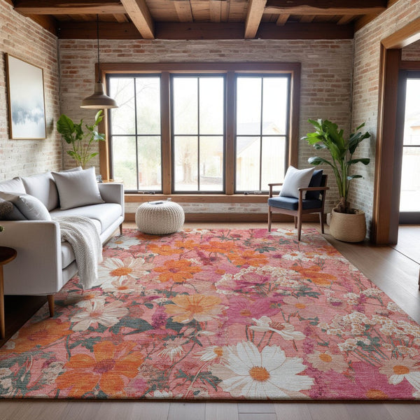 HomeRoots 5' X 8' Blush Orange and Ivory Floral Area Rug - Stain Resistant, UV Protected, Ideal for Homes 694100