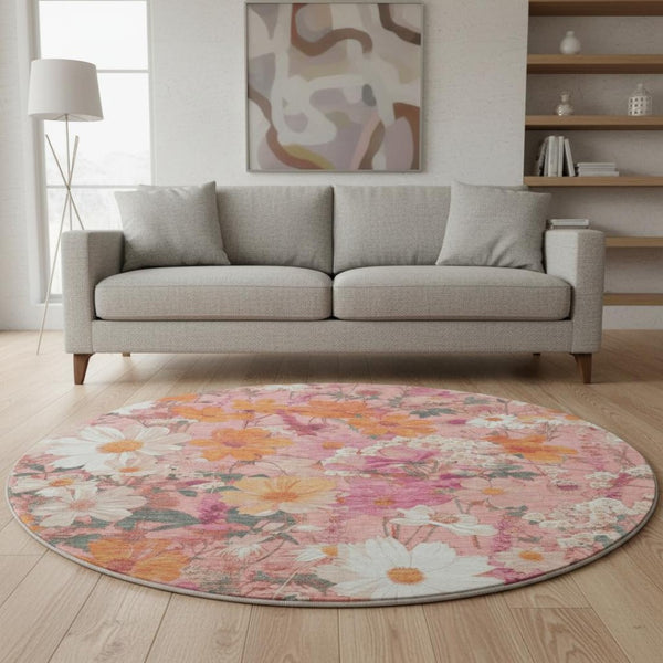 HomeRoots 8' X 8' Blush Orange & Ivory Floral Washable Round Rug with UV Protection & Non-Slip Backing 694101