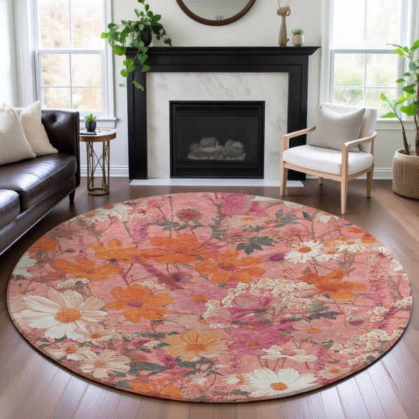 HomeRoots 8' X 8' Blush Orange & Ivory Floral Washable Round Rug with UV Protection & Non-Slip Backing 694101