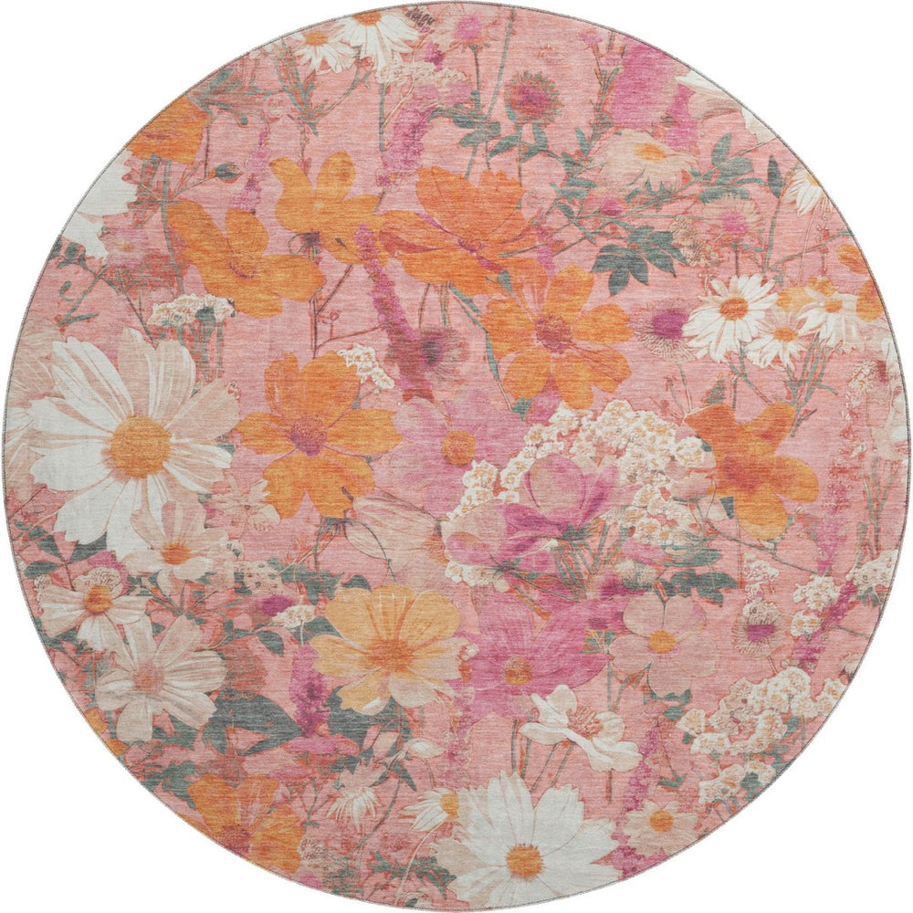 HomeRoots 8' X 8' Blush Orange & Ivory Floral Washable Round Rug with UV Protection & Non-Slip Backing 694101