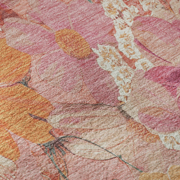 HomeRoots 8' X 8' Blush Orange & Ivory Floral Washable Round Rug with UV Protection & Non-Slip Backing 694101