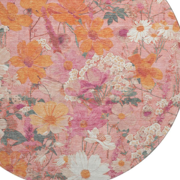 HomeRoots 8' X 8' Blush Orange & Ivory Floral Washable Round Rug with UV Protection & Non-Slip Backing 694101