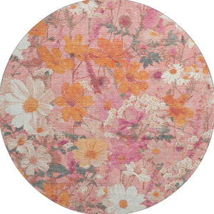HomeRoots 8' X 8' Blush Orange & Ivory Floral Washable Round Rug with UV Protection & Non-Slip Backing 694101