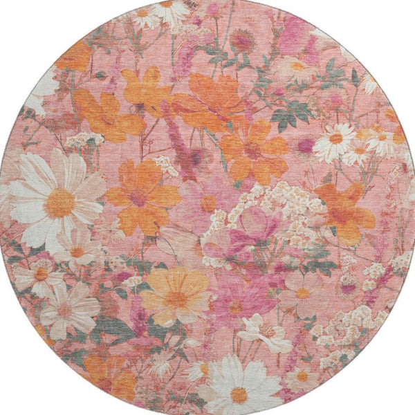 HomeRoots 8' X 8' Blush Orange & Ivory Floral Washable Round Rug with UV Protection & Non-Slip Backing 694101