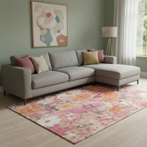 HomeRoots 8' Blush Orange & Ivory Floral Washable Area Rug with UV Protection for Stylish, Durable Living Spaces 694102