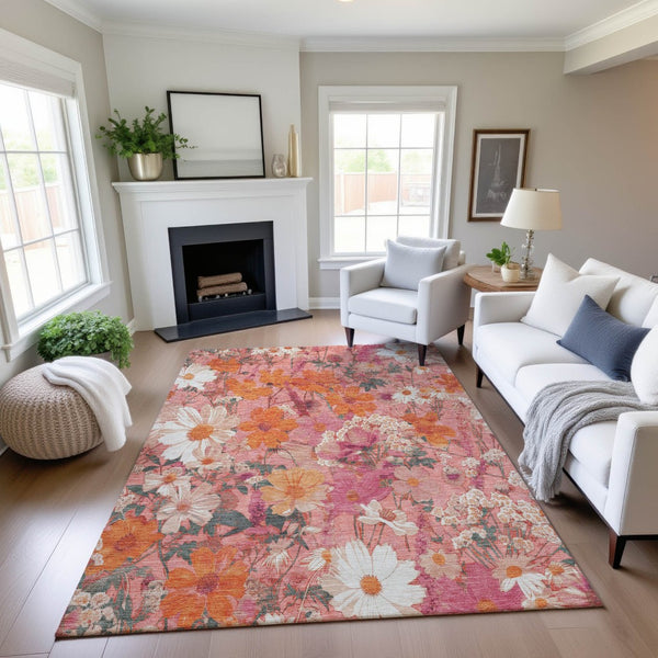 HomeRoots 8' Blush Orange & Ivory Floral Washable Area Rug with UV Protection for Stylish, Durable Living Spaces 694102