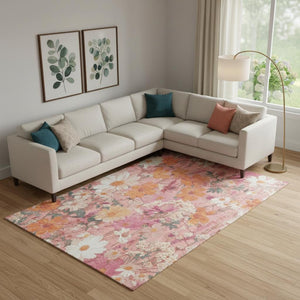 HomeRoots 9' X 12' Blush Orange & Ivory Floral Area Rug – Washable, UV Protected, Stylish & Family-Friendly Décor 694103