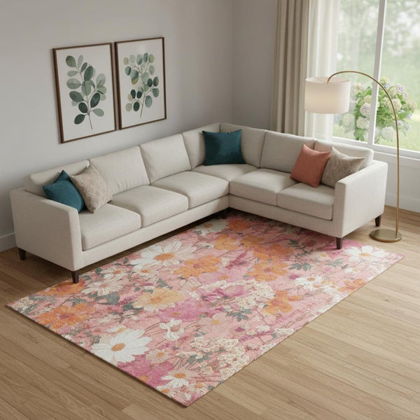 HomeRoots 9' X 12' Blush Orange & Ivory Floral Area Rug – Washable, UV Protected, Stylish & Family-Friendly Décor 694103