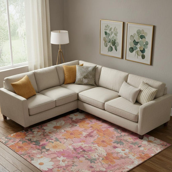 HomeRoots 10' X 14' Blush Orange & Ivory Floral Area Rug - Washable, UV Protected, Perfect for Homes with Kids! 694104