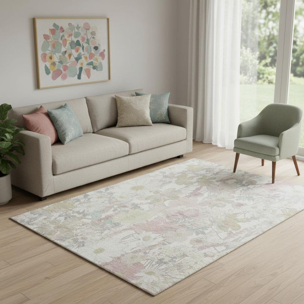 HomeRoots 5' X 8' Elegant Ivory Beige Floral Washable Area Rug with UV Protection for Family Spaces 694106