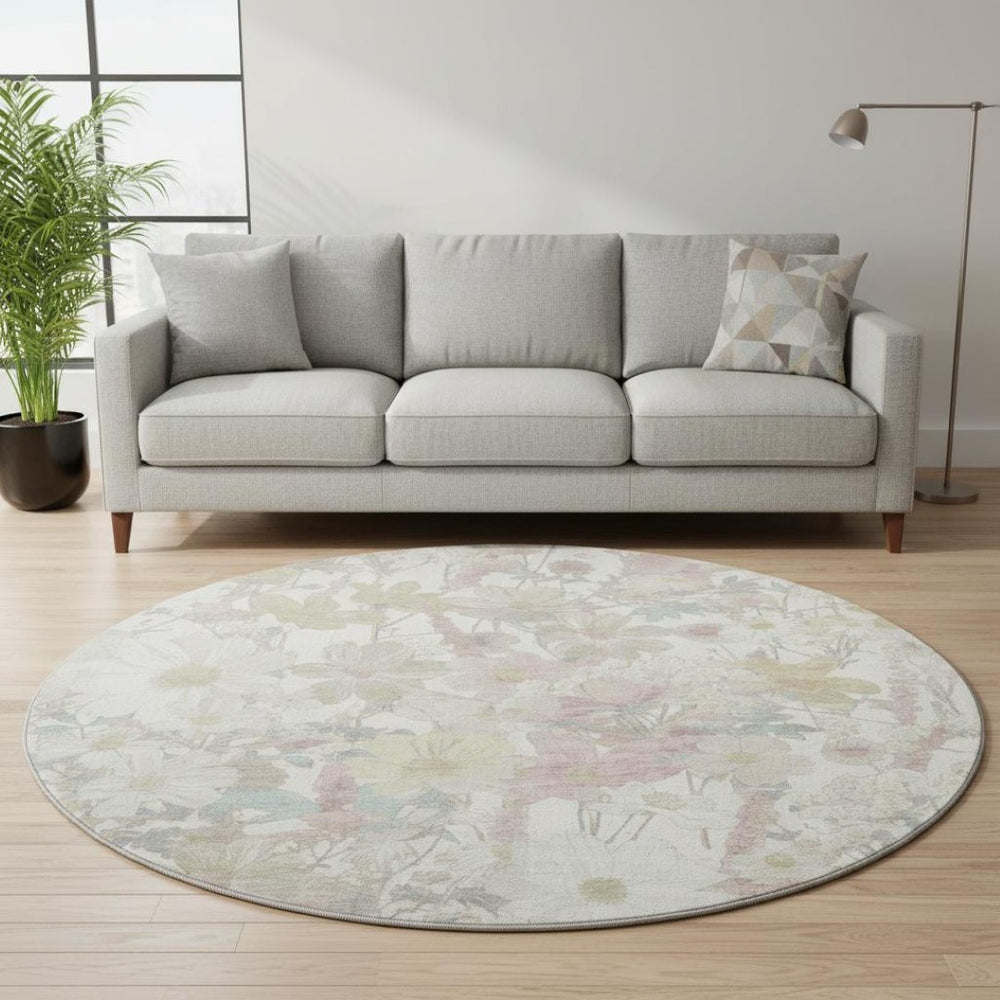 HomeRoots 8' Elegant Ivory Beige Floral Washable Round Rug with UV Protection - Stylish, Durable & Family-Friendly! 694107