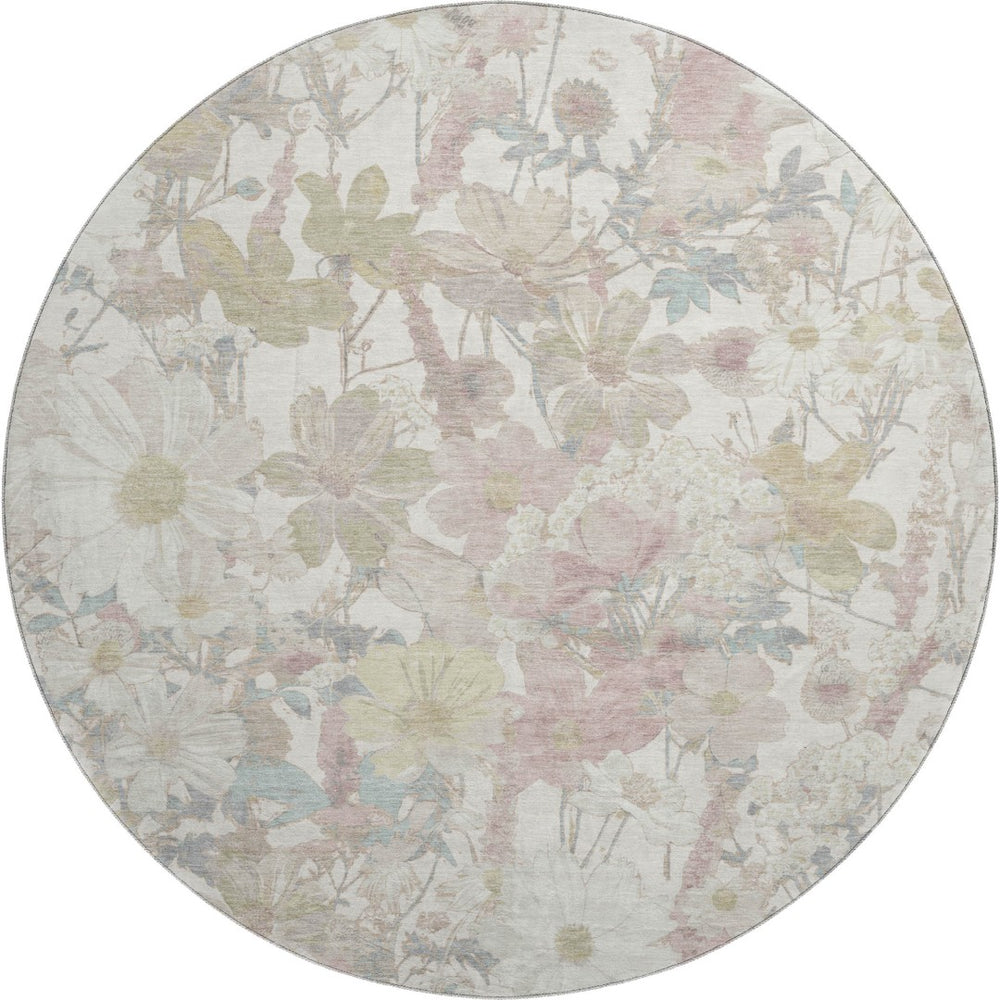 HomeRoots 8' Elegant Ivory Beige Floral Washable Round Rug with UV Protection - Stylish, Durable & Family-Friendly! 694107