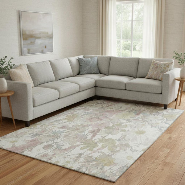 HomeRoots 8' Elegant Ivory Beige Floral Area Rug - Washable, UV Protected, Durable for Family Spaces, Kids & Pets 694108