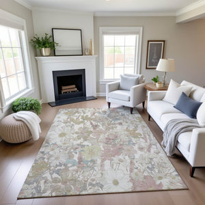 HomeRoots 10' Washable Floral Area Rug in Ivory Beige with UV Protection - Perfect for Homes with Kids & Pets 694110